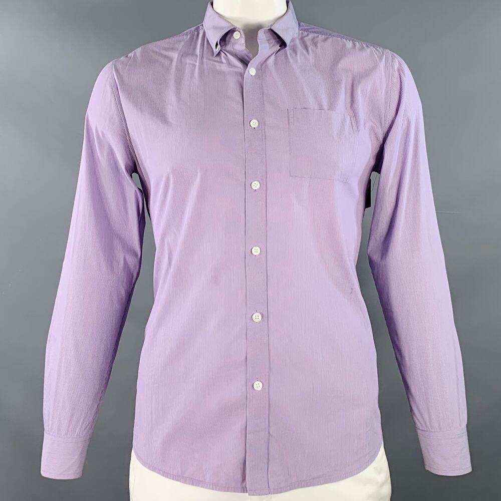 ELIE TAHARI White Lavender Stripe Checkered Cotton One Pocket Long Sleeve Shirt